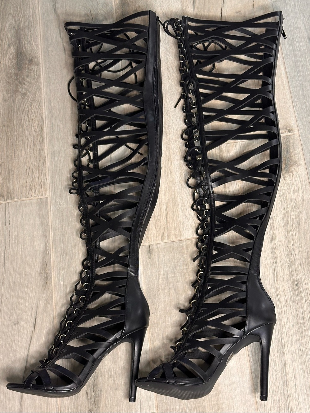 Black Gladiator Lace Up Knee High Heels Size 8 Open Toe Stiletto Boots NWOT